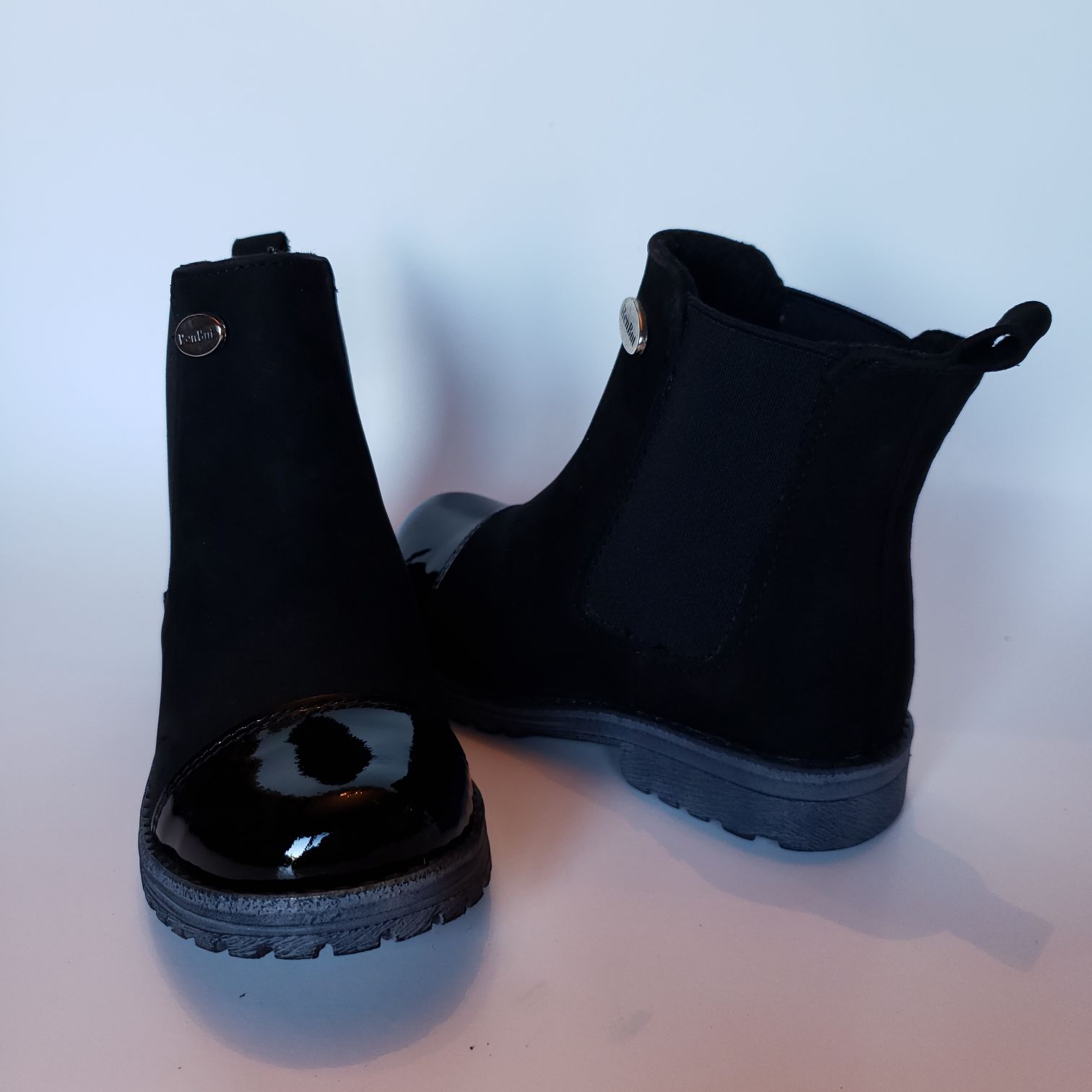 Short Patent/Suede Pull-On Boots #22-3244-BL/PT